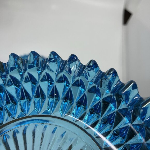 Indiana Glass Diamond Point Aqua Glass Powder Candy Dish With Lid Metal Handle - Picture 10 of 14